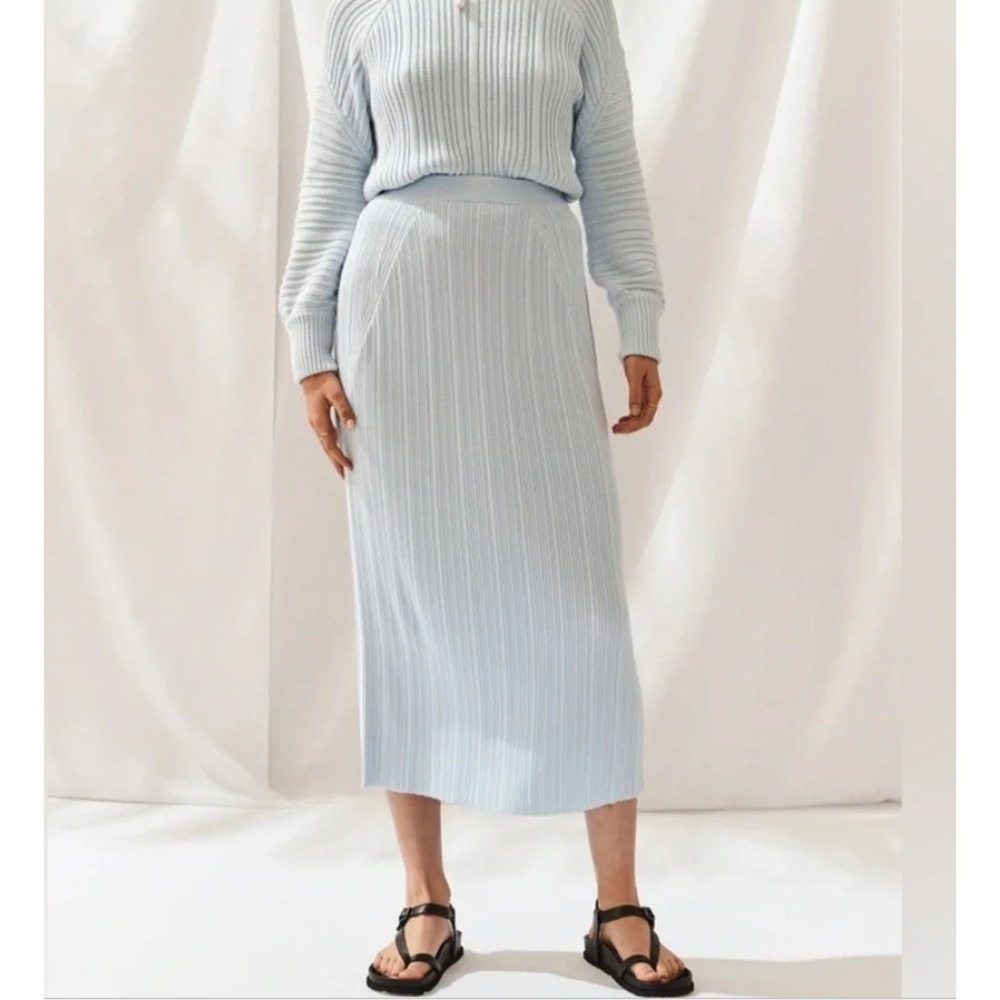 Sancia Sienne Ribbed Midi Pencil Skirt Pull On Elastic Waist Sky‎ Blue Large